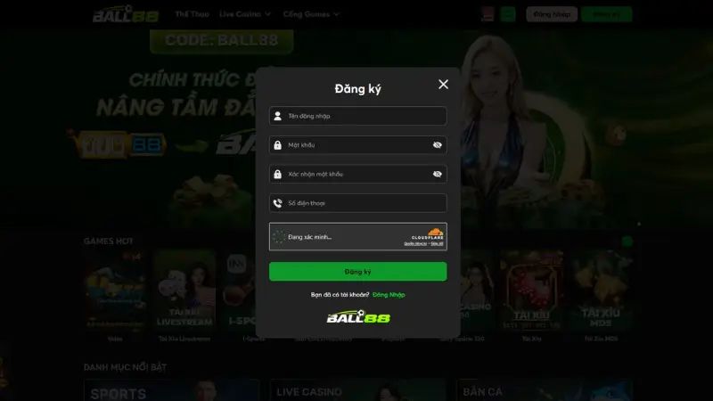 Giao diện đăng nhập Ball88 cho phép sử dụng lại tài khoản Tin88 nhanh chóng